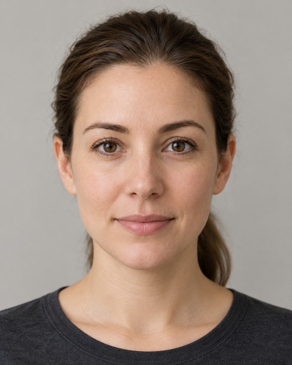 AI-created adult example portrait, front-facing with level eyes, hair tied back and the forehead, eyes and jaw fully visible